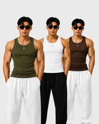ROCKWELL men's ribbed cotton vest 3-pack (White + Brown + Olive pack)