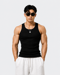 ROCKWELL men's ribbed cotton vest in Black — on model (Black + White + Olive pack)