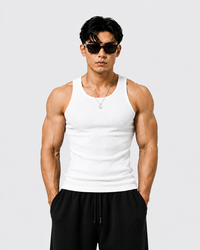ROCKWELL men's ribbed cotton vest in White — on model (White + Brown + Grey pack)