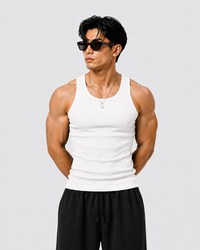 ROCKWELL men's ribbed cotton vest in White — on model (White + Grey + Olive pack)