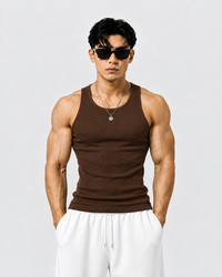 ROCKWELL men's ribbed cotton vest in Brown — on model (Black + Brown + Olive pack)