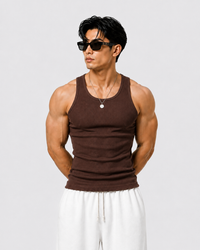 ROCKWELL men's ribbed cotton vest in Brown — on model (Black + White + Brown pack)