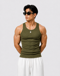 ROCKWELL men's ribbed cotton vest in Olive — on model (Black + Grey + Olive pack)