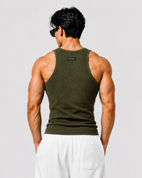 ROCKWELL men's ribbed cotton vest in Olive — on model (White + Grey + Olive pack)