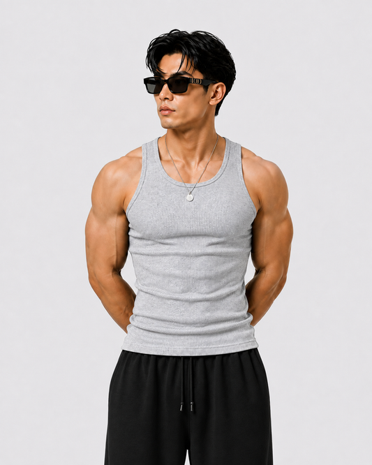 ROCKWELL men's ribbed cotton vest in Grey — on model (Black + White + Grey pack)
