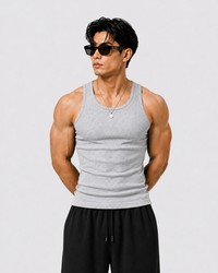 ROCKWELL men's ribbed cotton vest in Grey — on model (Black + Grey + Olive pack)