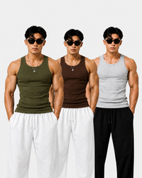 ROCKWELL men's ribbed cotton vest 3-pack (Brown + Grey + Olive pack)