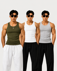 ROCKWELL men's ribbed cotton vest 3-pack (White + Grey + Olive pack)