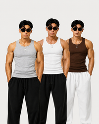 ROCKWELL men's ribbed cotton vest 3-pack (White + Brown + Grey pack)