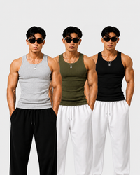 ROCKWELL men's ribbed cotton vest 3-pack (Black + Grey + Olive pack)