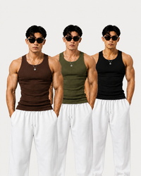 ROCKWELL men's ribbed cotton vest 3-pack (Black + Brown + Olive pack)