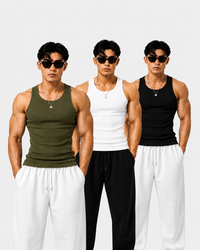 ROCKWELL men's ribbed cotton vest 3-pack (Black + White + Olive pack)