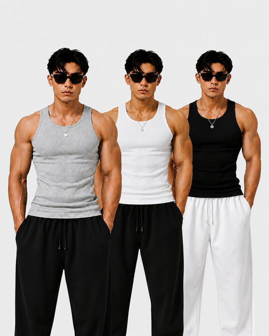 ROCKWELL men's ribbed cotton vest 3-pack (Black + White + Grey pack)