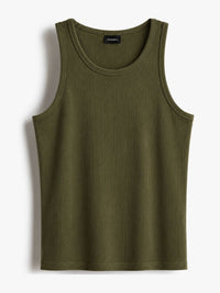 ROCKWELL men's ribbed cotton vest in Olive — flat lay (Brown + Grey + Olive pack)