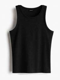 ROCKWELL men's ribbed cotton vest in Black — flat lay (Black + White + Grey pack)